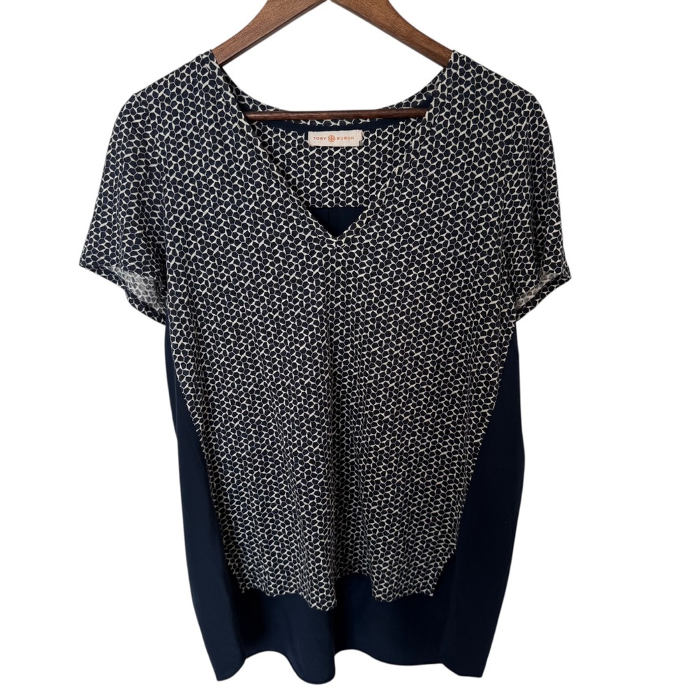 Tory Burch Tessera Top Medium Linen Silk Mixed Media V Neck Short Sleeve Blouse - Picture 2 of 8